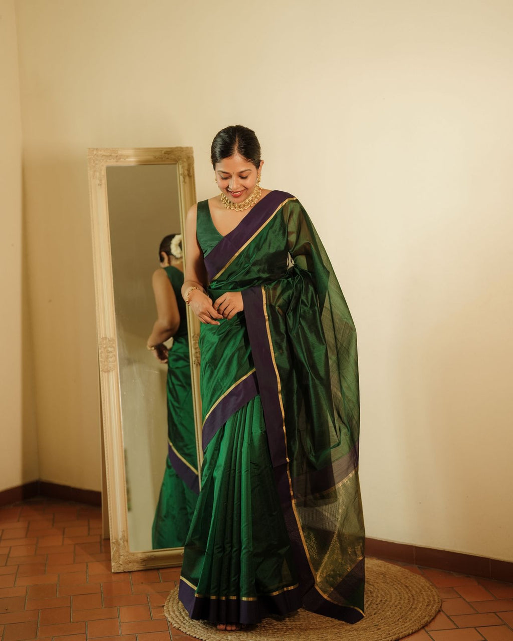 Dark green and blue Chanderi silk saree with silk border