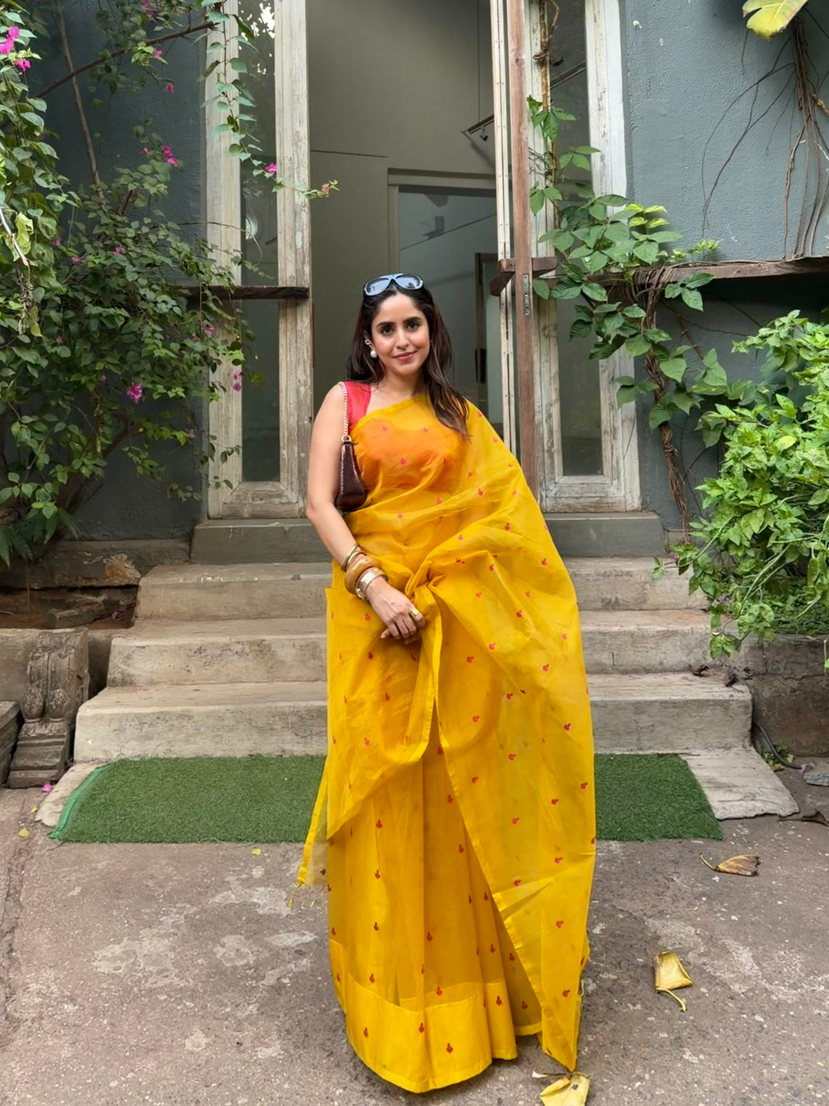 Mustard and pink Chanderi silk saree with resham bootis all over