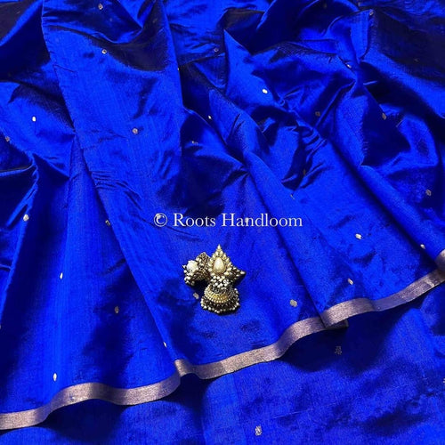 Royal blue chanderi silk saree with zari bootis all over