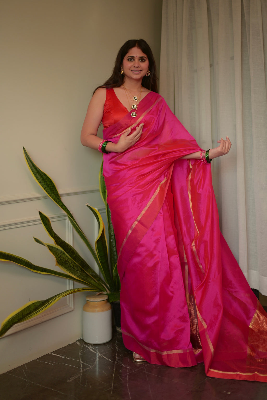 Pink and red Chanderi silk saree with silk border