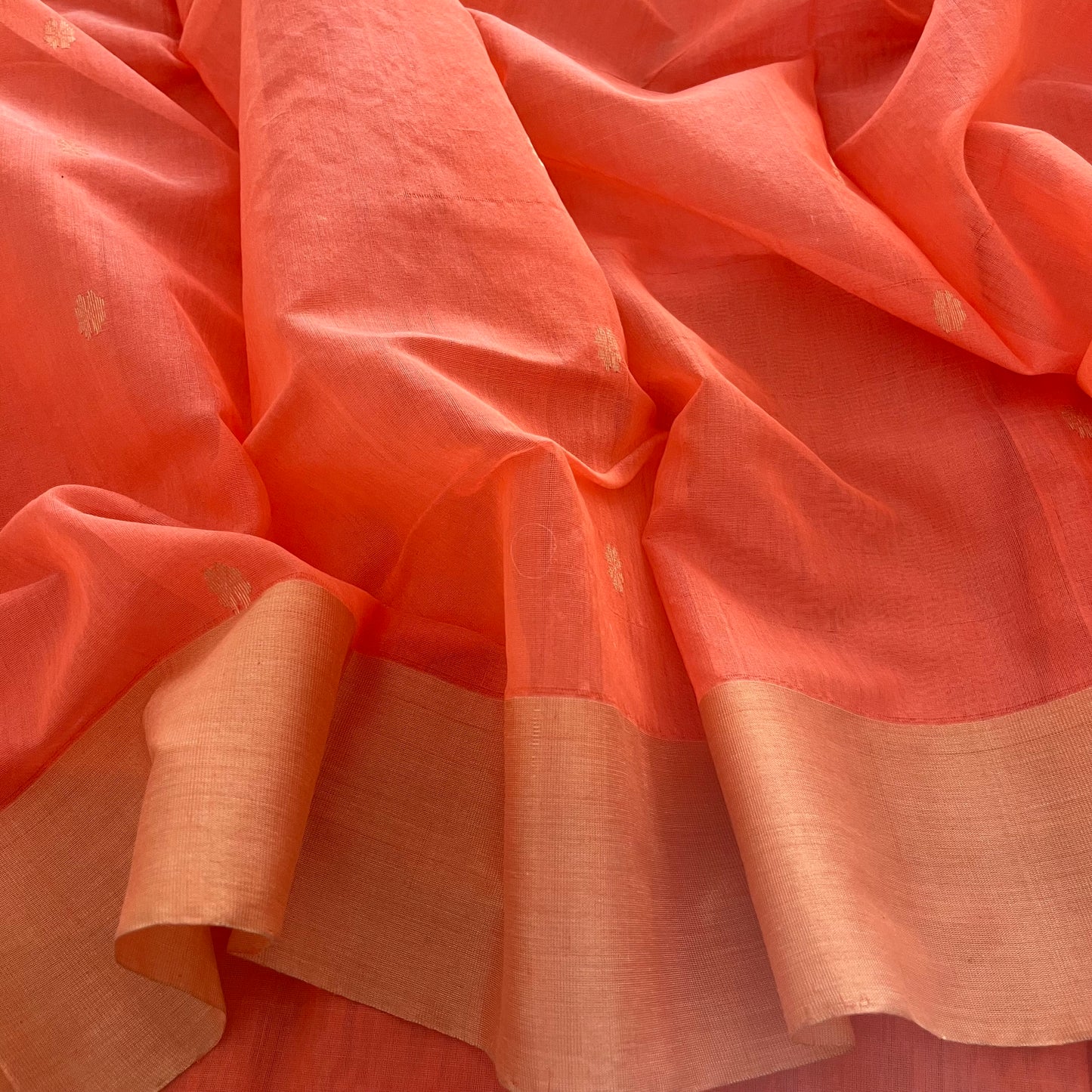 Peachish pink Chanderi saree with zari pattern on pallu