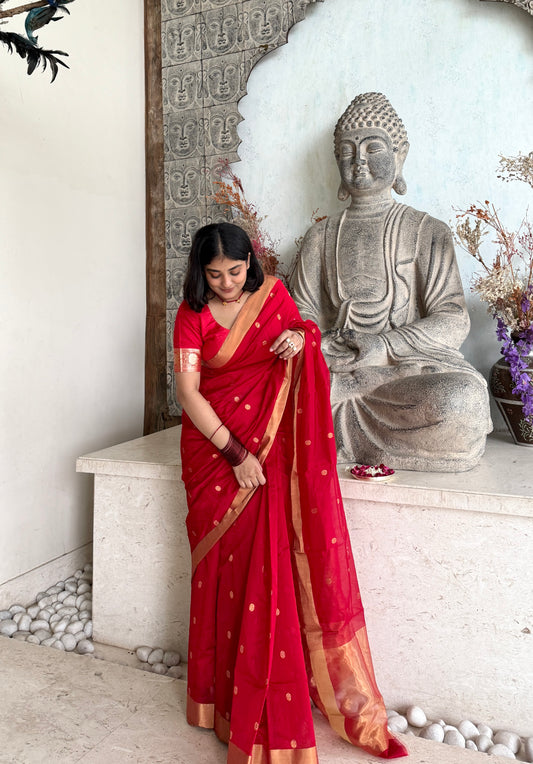Red Chanderi Saree with zari bootis all over