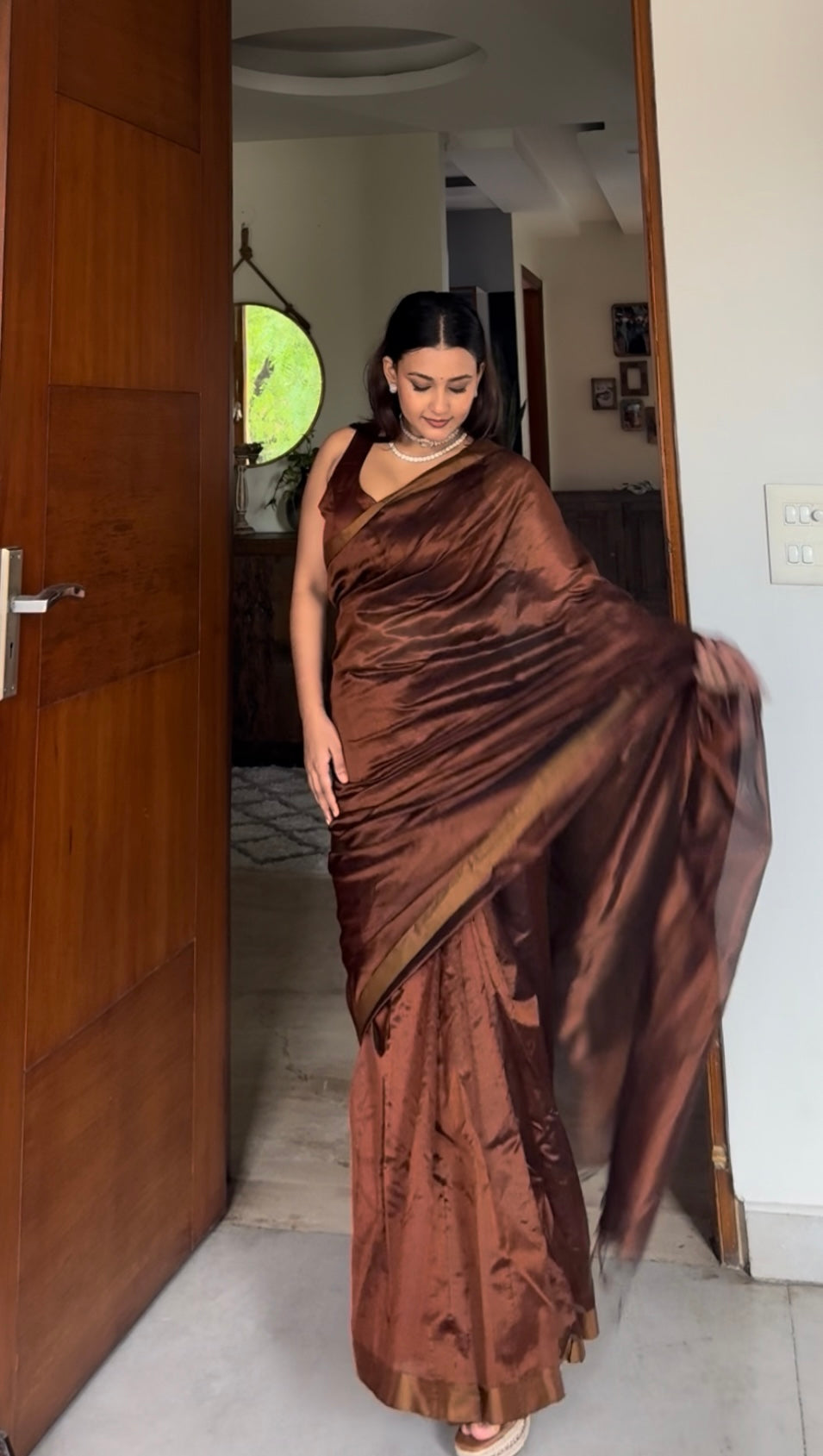 Cinnamon brown chanderi silk saree with silk border