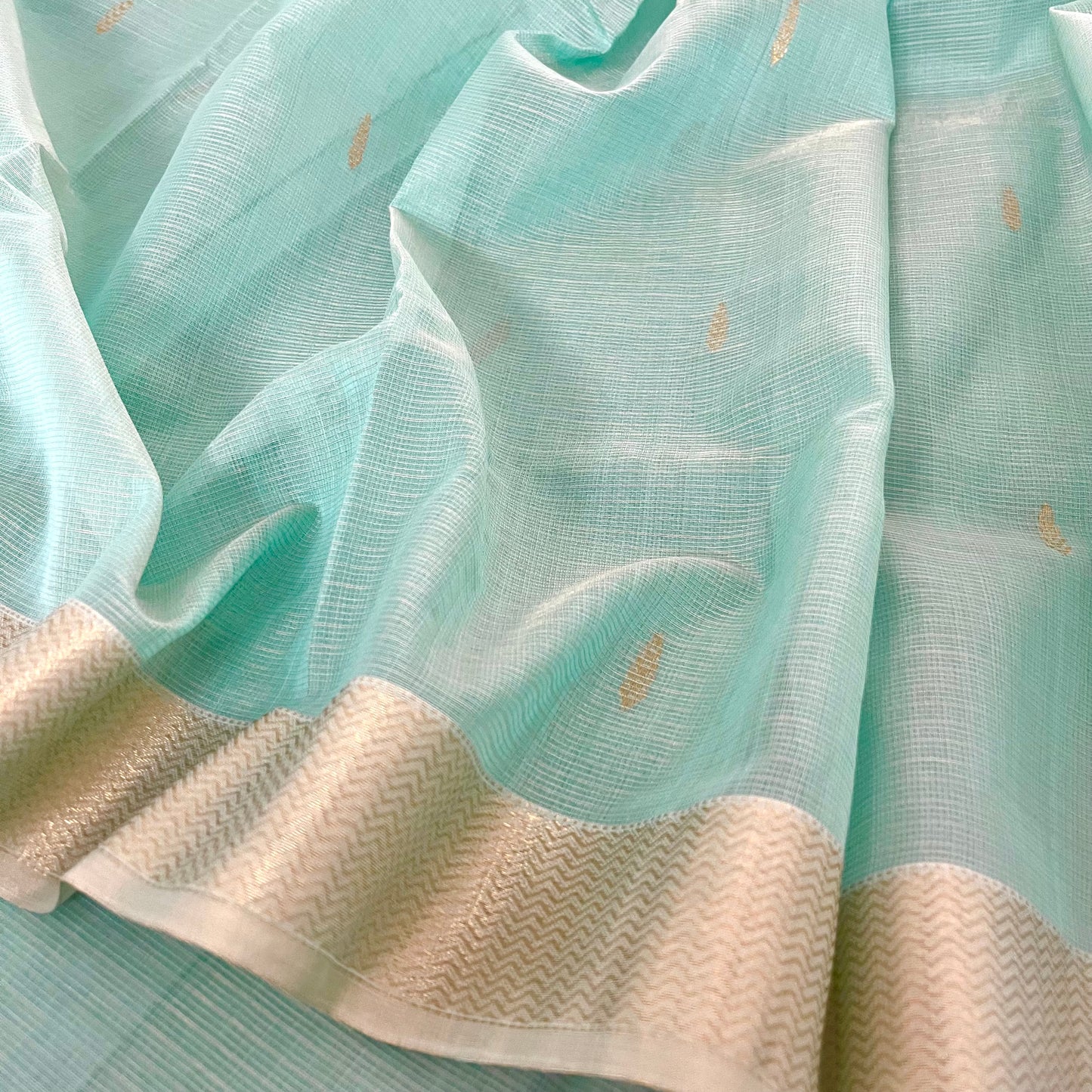 Light blue Maheshwari silk saree with zari checks all over