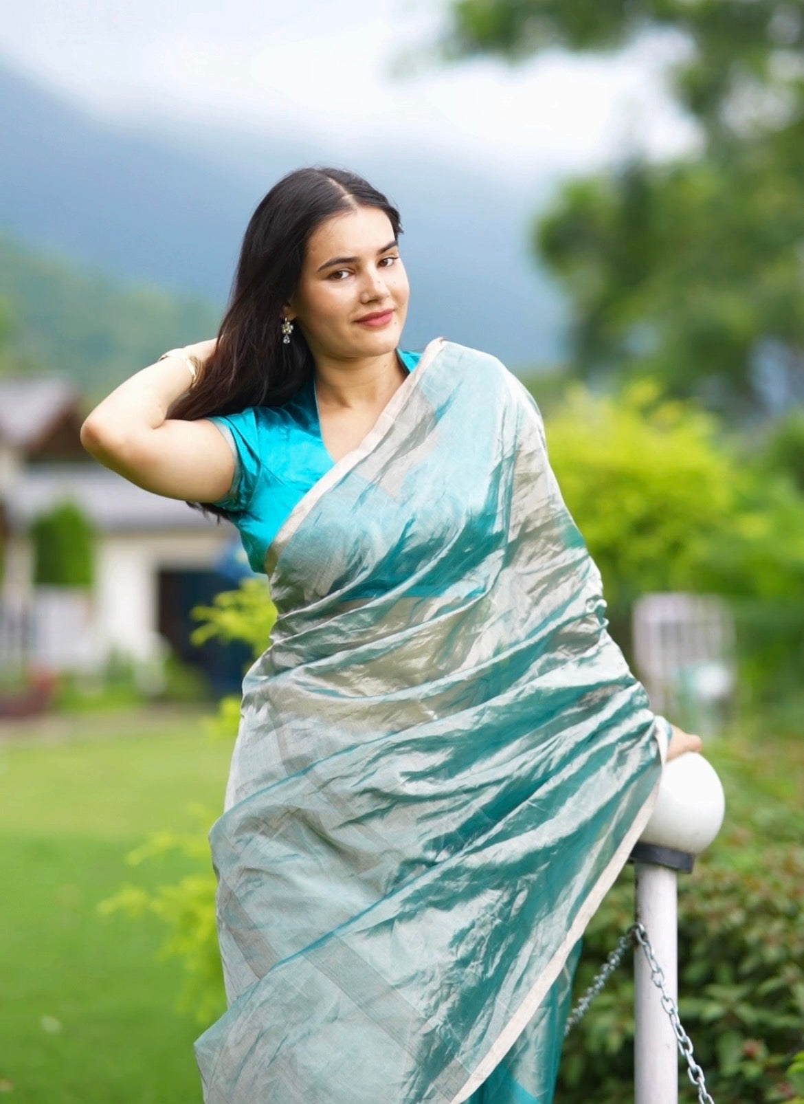 Baby blue and silver Chanderi tissue silk saree saree with zari lines on pallu