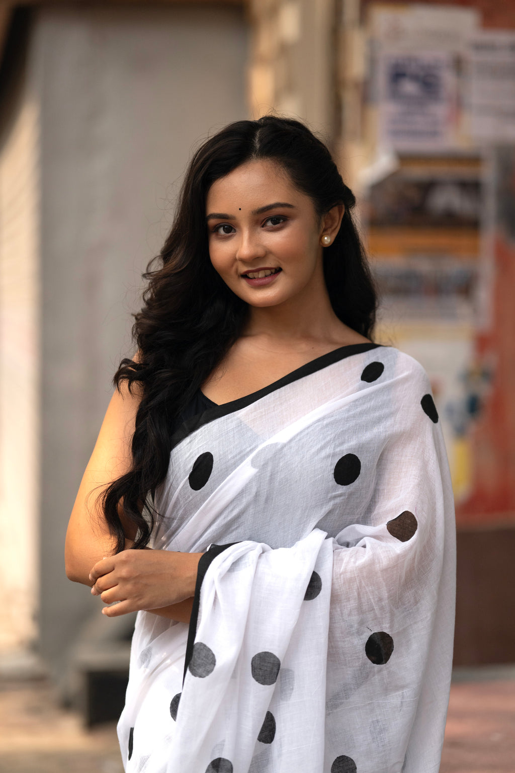 White and black polka dots mulmul saree