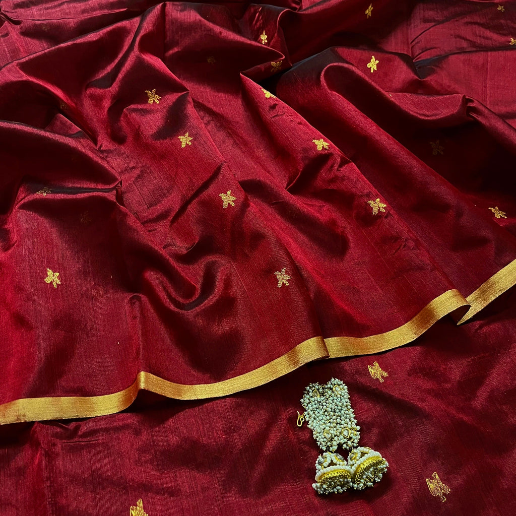 Ready to wear | Deep Maroon Chanderi Silk Saree with Flower Bootis all over