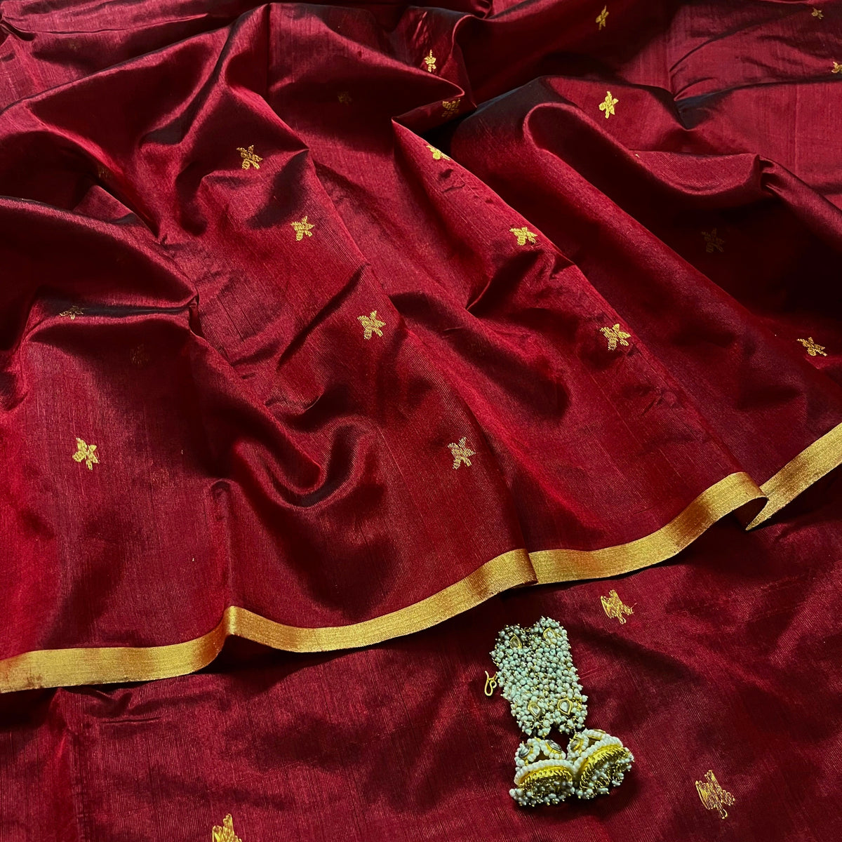 Ready to wear | Deep Maroon Chanderi Silk Saree with Flower Bootis all over