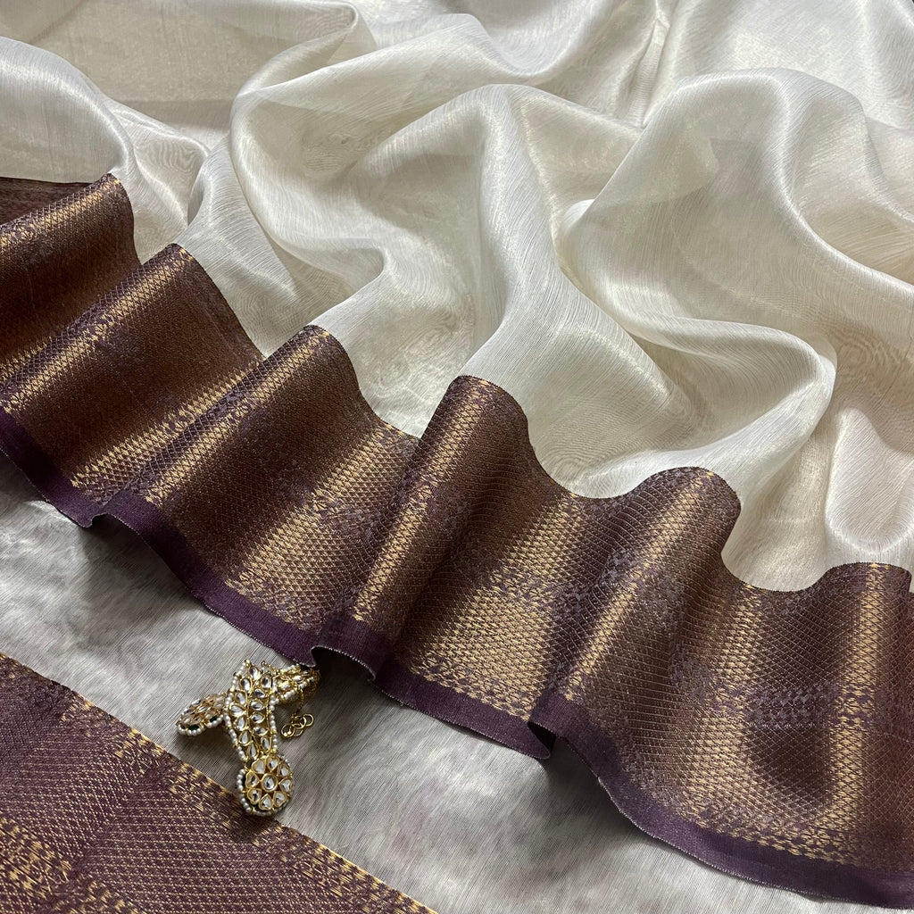 Ready to wear | Cream & Violet Maheshwari tissue silk saree with antique gold zari border