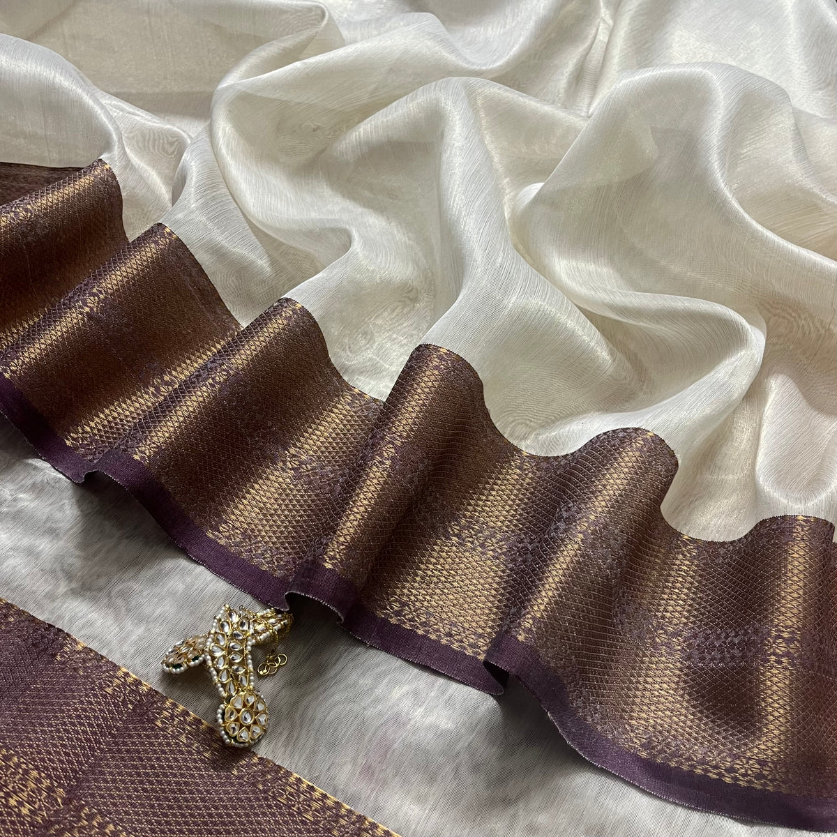 Ready to wear | Cream & Violet Maheshwari tissue silk saree with antique gold zari border