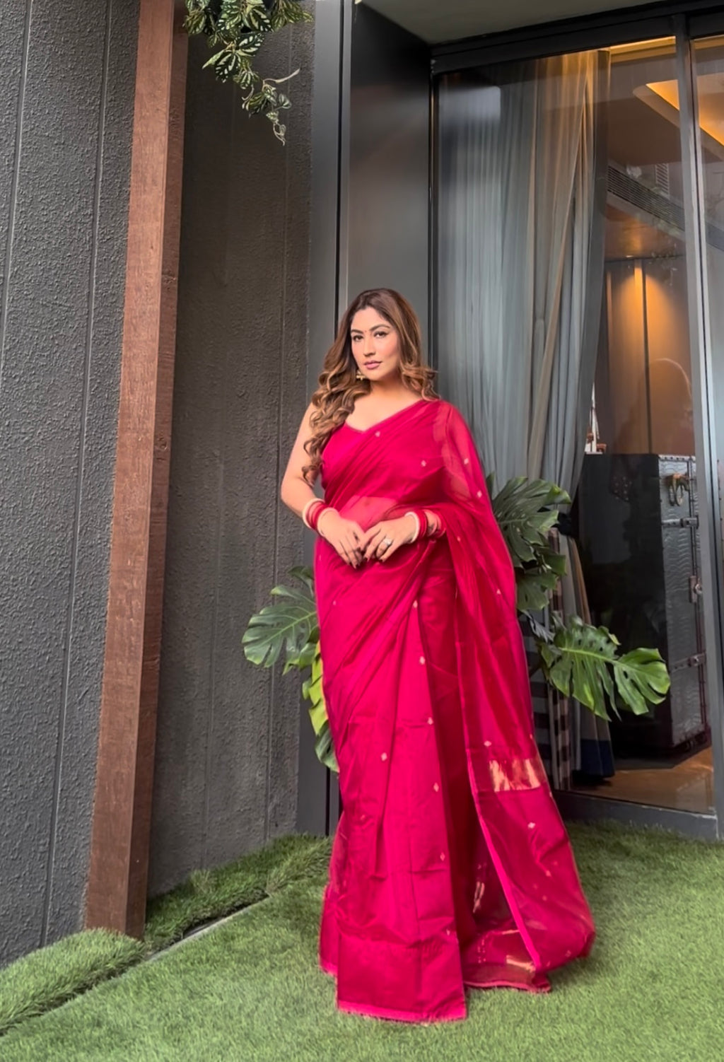 Pink maheshwari saree with zari bootis all over
