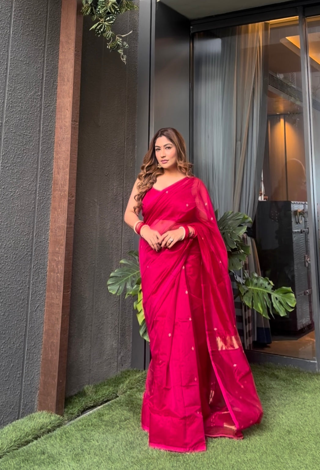Pink maheshwari saree with zari bootis all over
