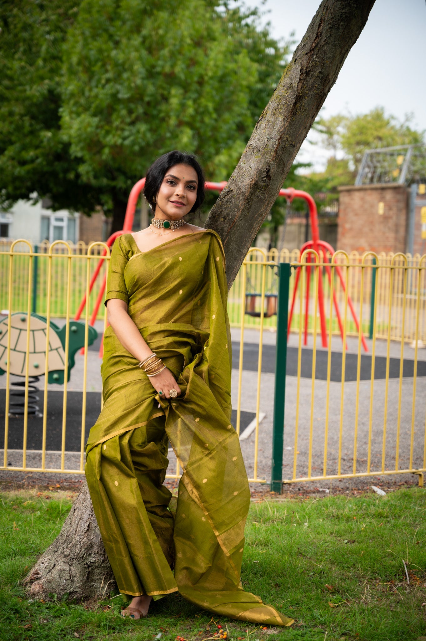 Olive gold maheshwari tissue silk saree with zari bootis all over