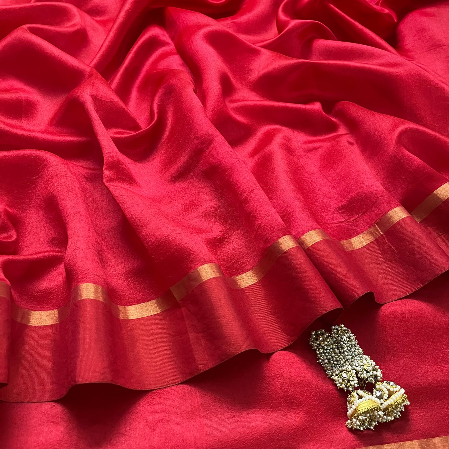 Red Chanderi Silk Saree with Tissue Border