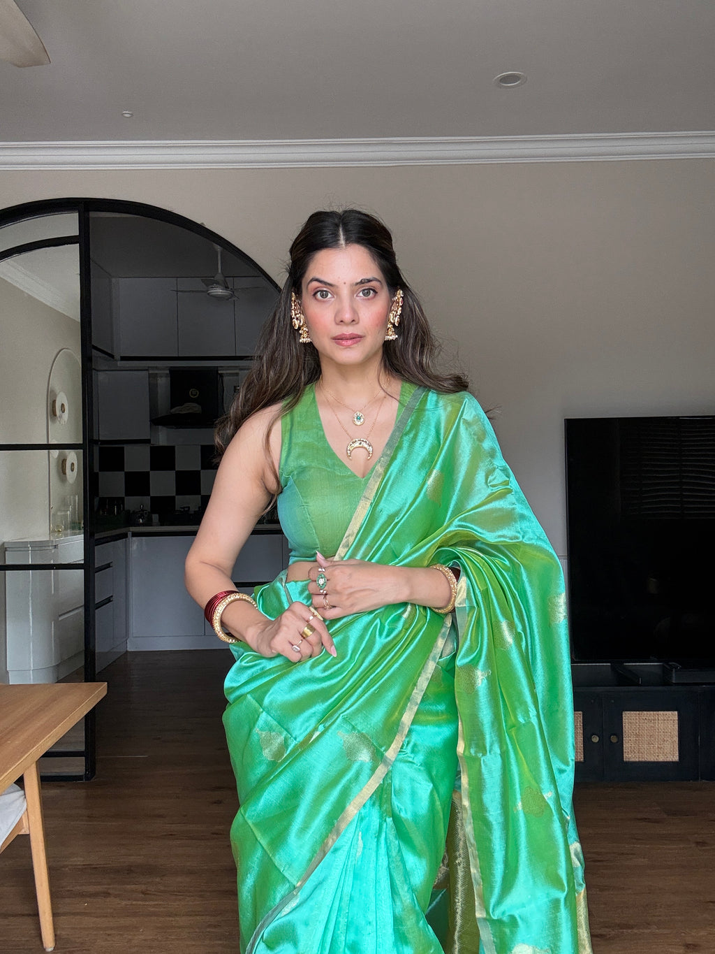 Ready to wear | Sea Green Dual Tone Chanderi Silk Saree with Jhoomar Motifs all over