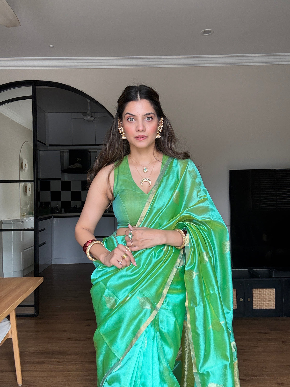 Ready to wear | Sea Green Dual Tone Chanderi Silk Saree with Jhoomar Motifs all over