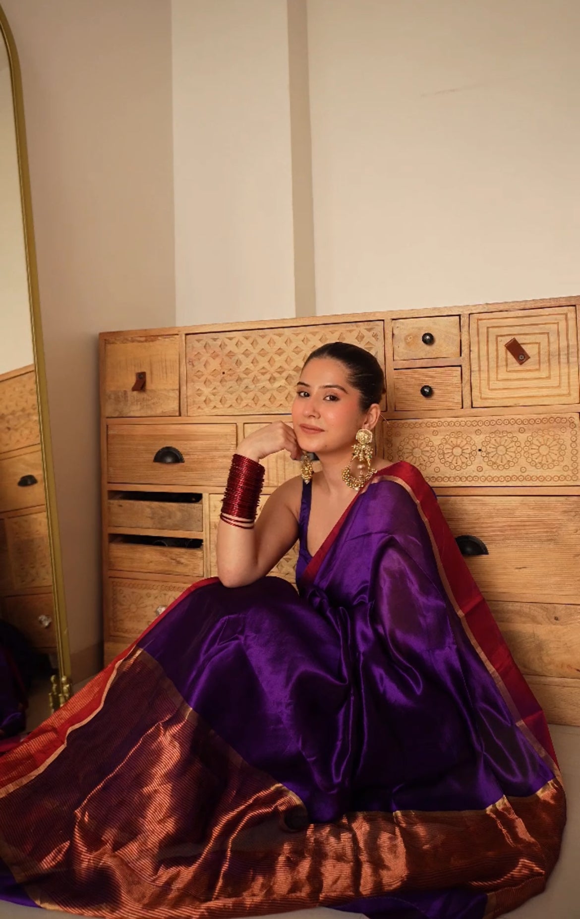 Dark Purple Plum Chanderi silk saree with zari lines on pallu