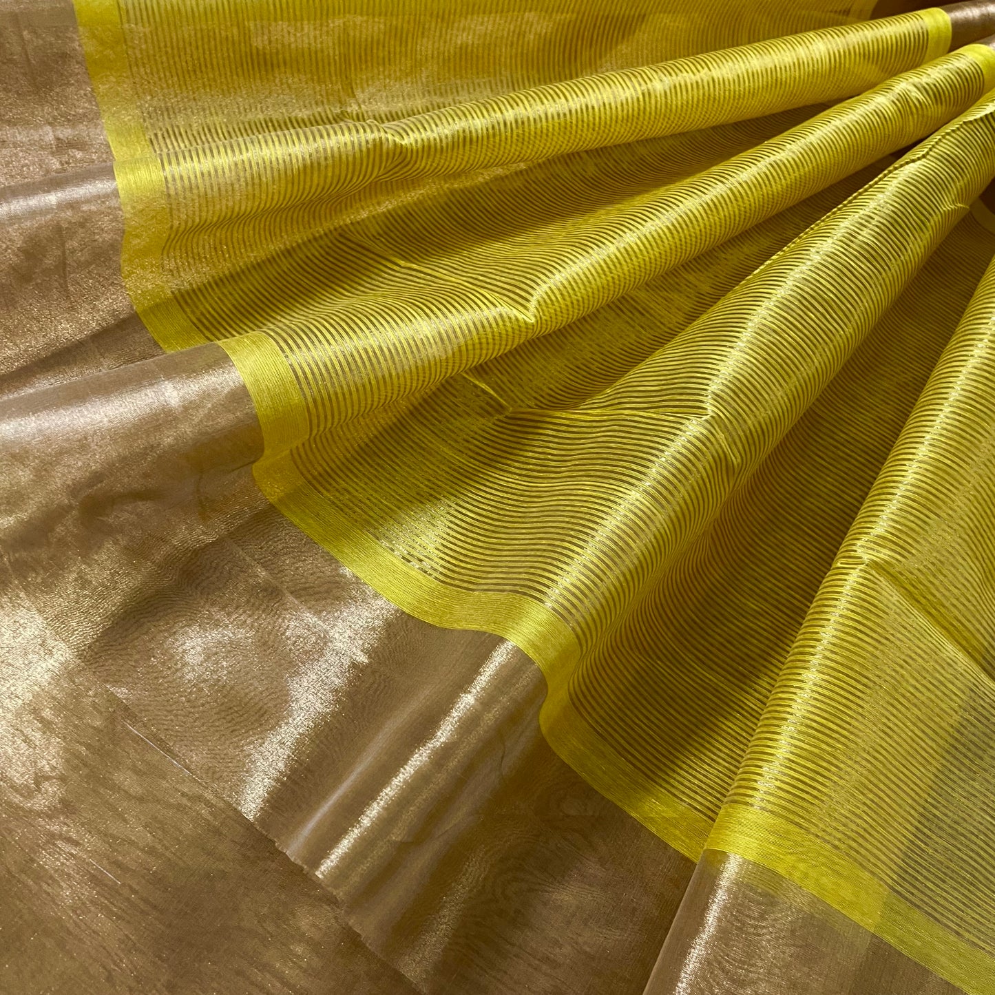 Gold and lemon Chanderi tissue silk with zari lines on pallu