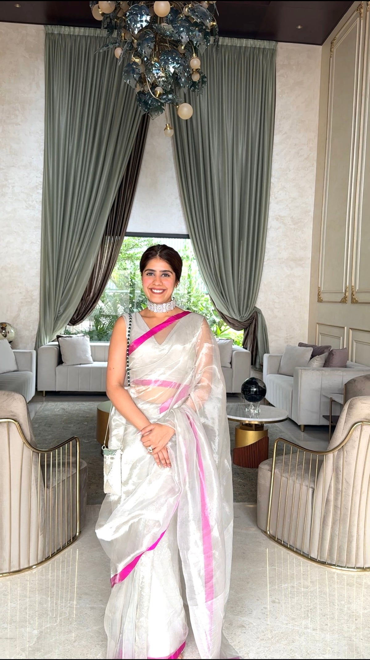 Silver white & hot pink chanderi tissue silk saree