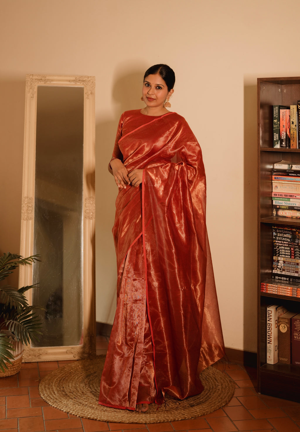 Red Maheshwari saree with zari lines all over