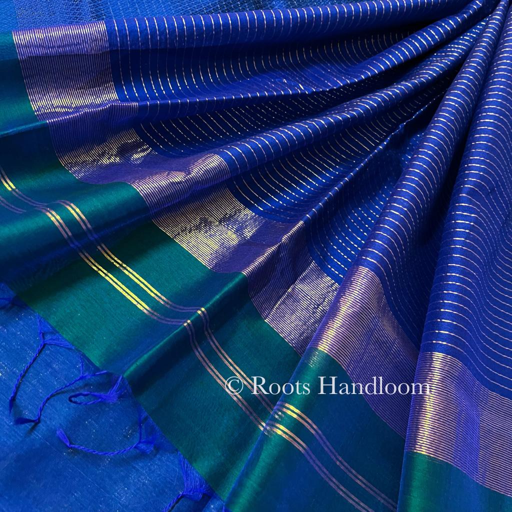 Peacock green and blue dual tone Maheshwari saree with resham border