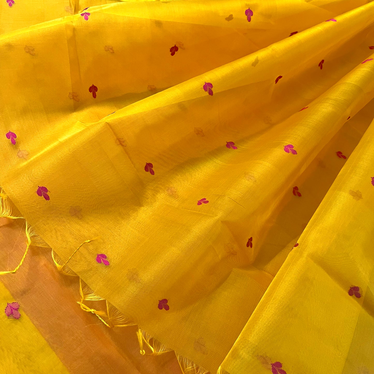 Mustard and pink Chanderi silk saree with resham bootis all over
