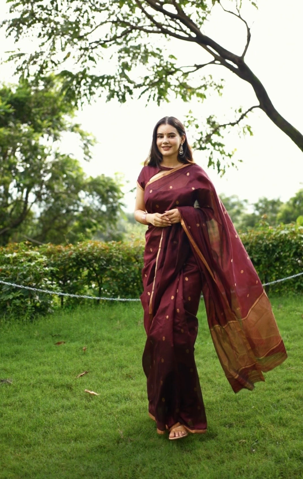 Mahogany Chanderi silk saree with flower bootis all over