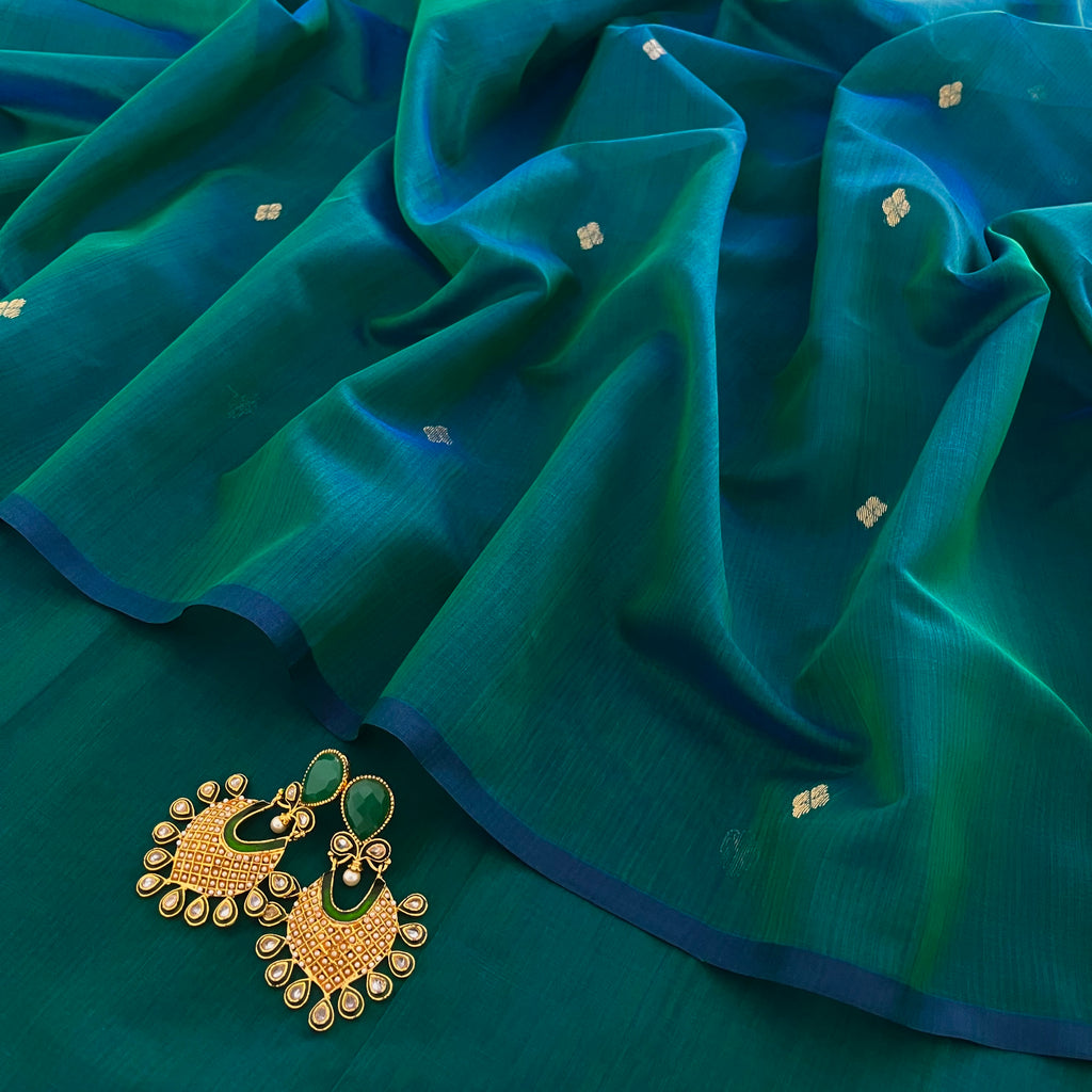 Ready to wear | Peacock Green & Blue Dual Tone Maheshwari Saree with Zari Bootis all over