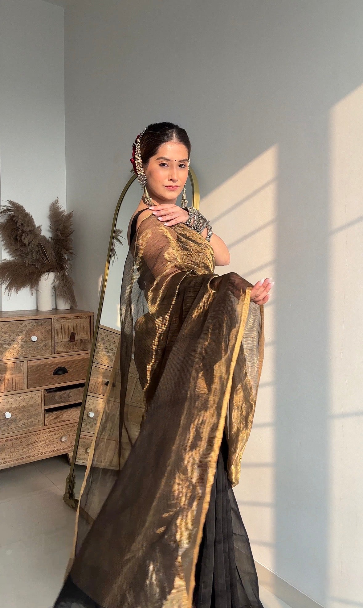 Black & Gold Maheshwari Saree with Zari Border