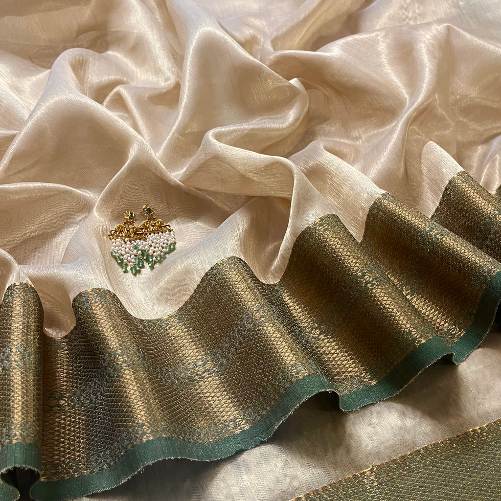 Cream Gold and green Maheshwari tissue silk saree with zari pattern on pallu