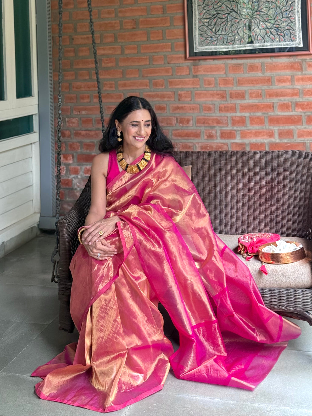 Pink and gold chanderi tissue silk saree