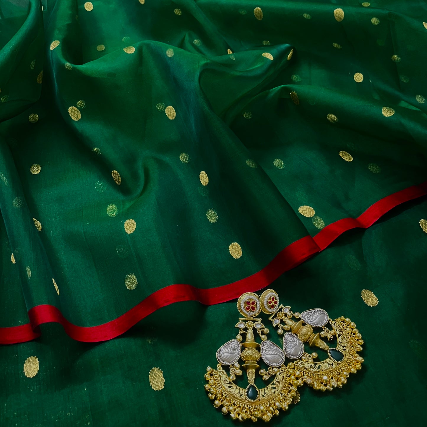 Green & red Chanderi silk saree with zari bootis all over