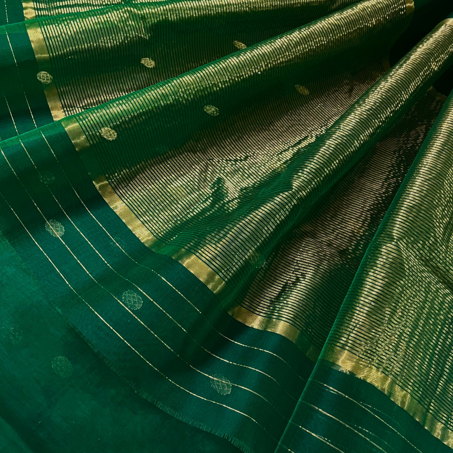 Green & red Chanderi silk saree with zari bootis all over