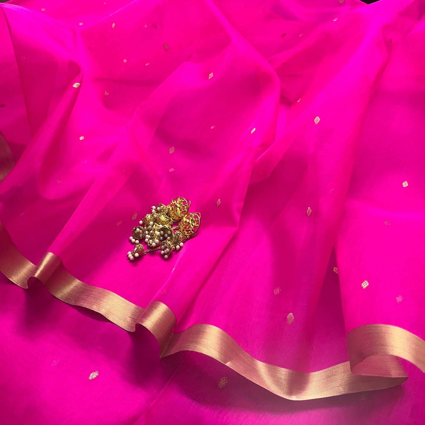 Fuschia pink Chanderi silk saree with zari bootis all over