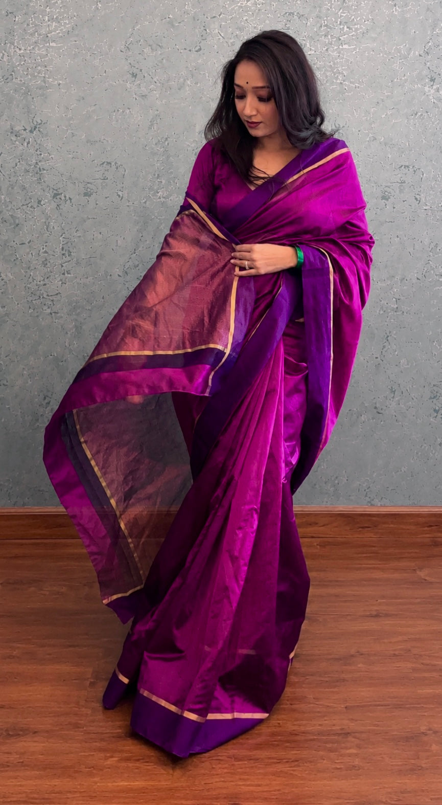 Plum & Blue Chanderi silk saree with zari lines on pallu