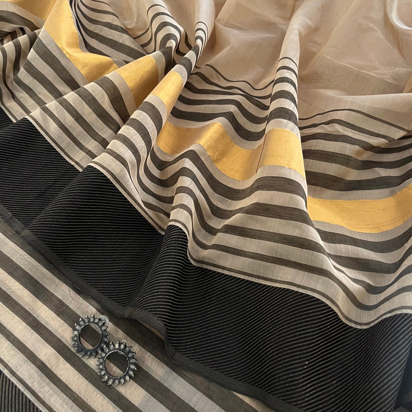 Beige and Black Maheshwari saree with resham border