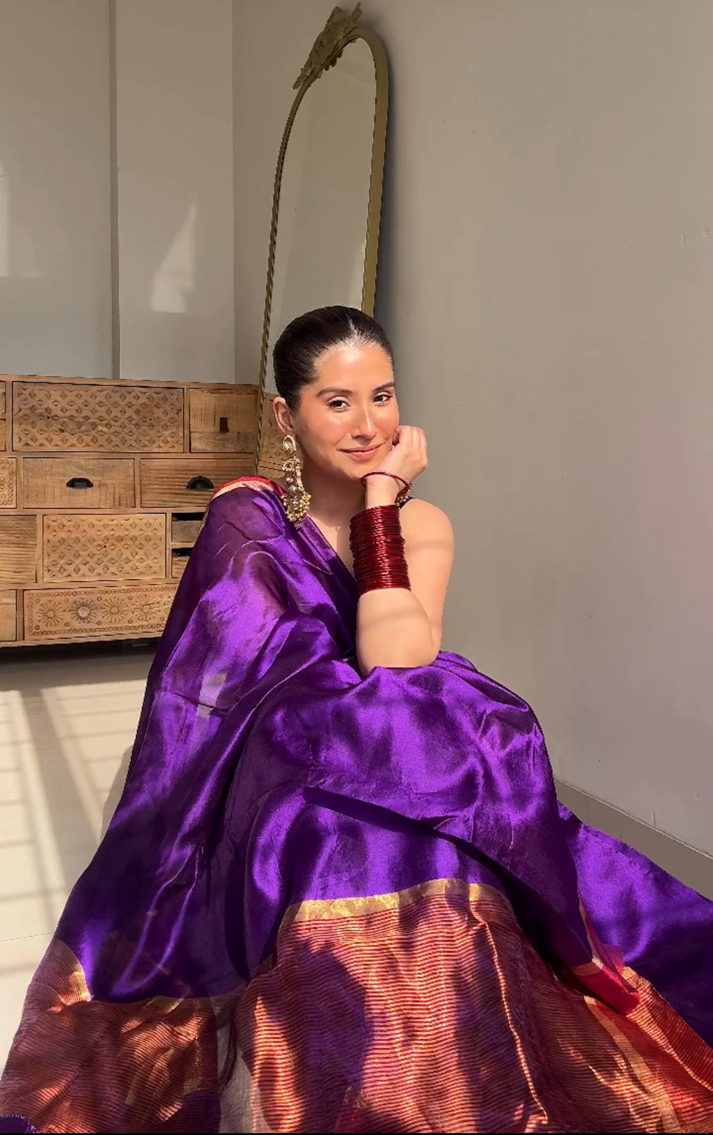 Ready to wear | Dark Purple Plum Chanderi silk saree with zari lines on pallu