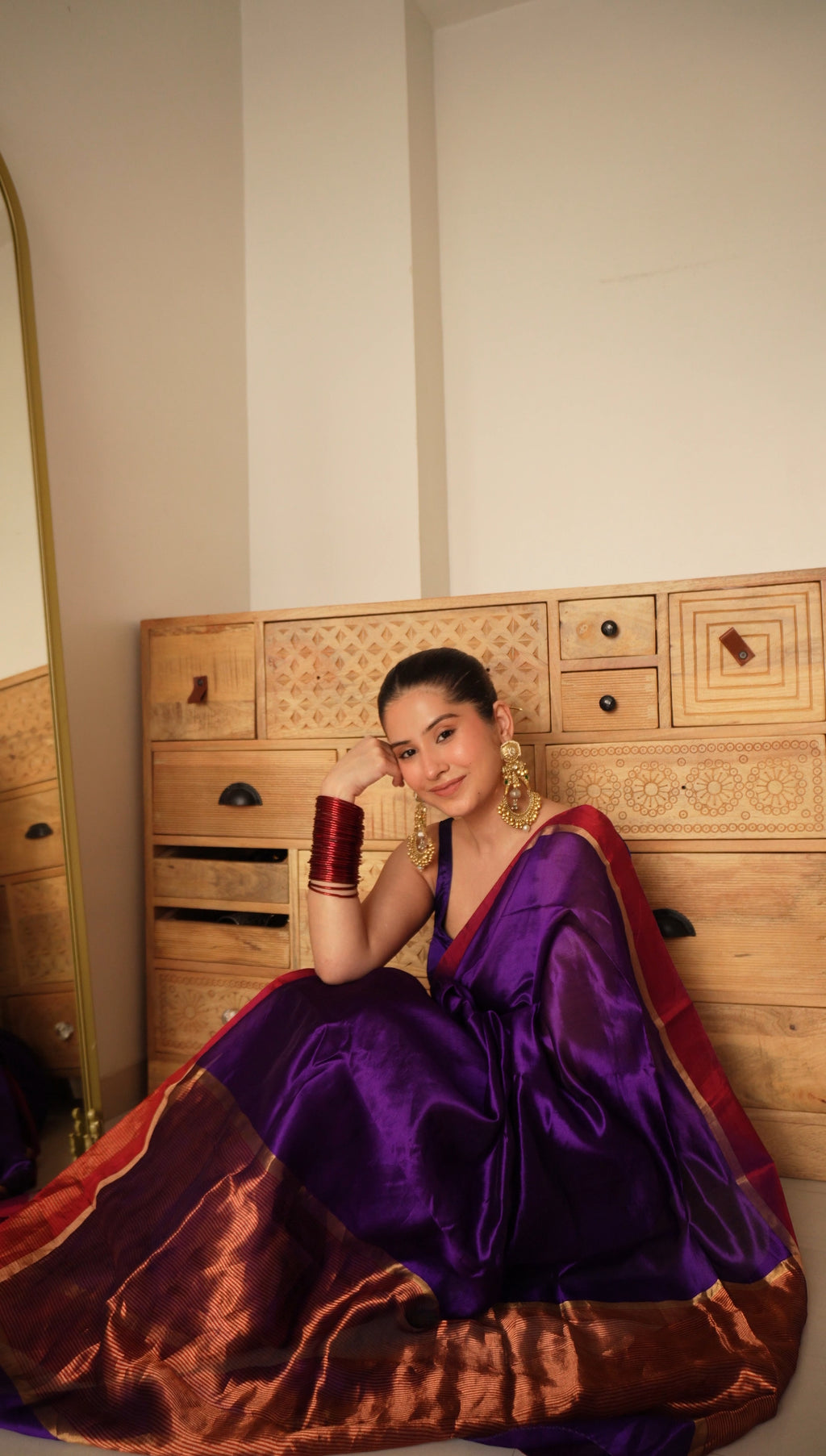 Ready to wear | Dark Purple Plum Chanderi silk saree with zari lines on pallu