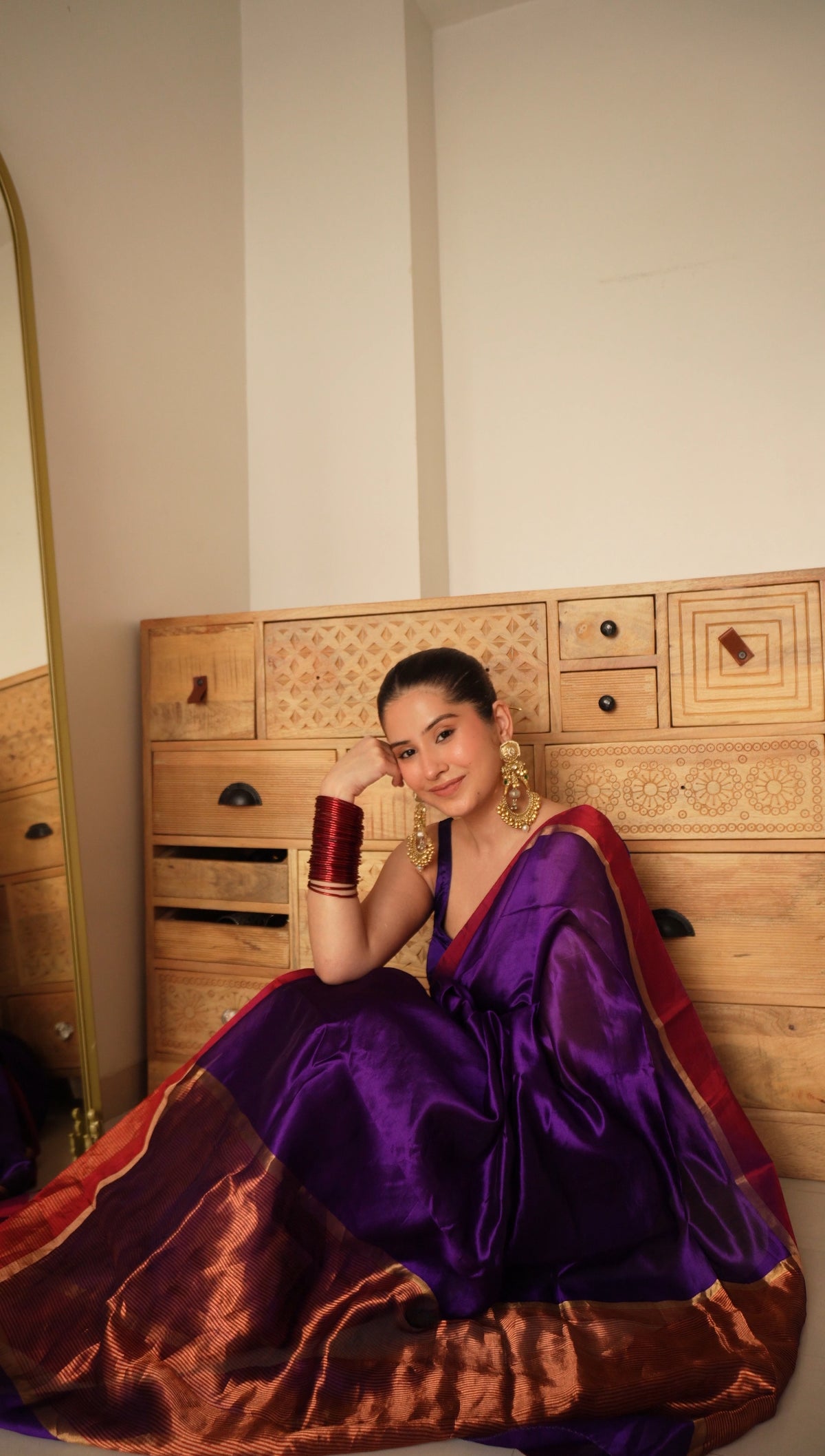 Ready to wear | Dark Purple Plum Chanderi silk saree with zari lines on pallu