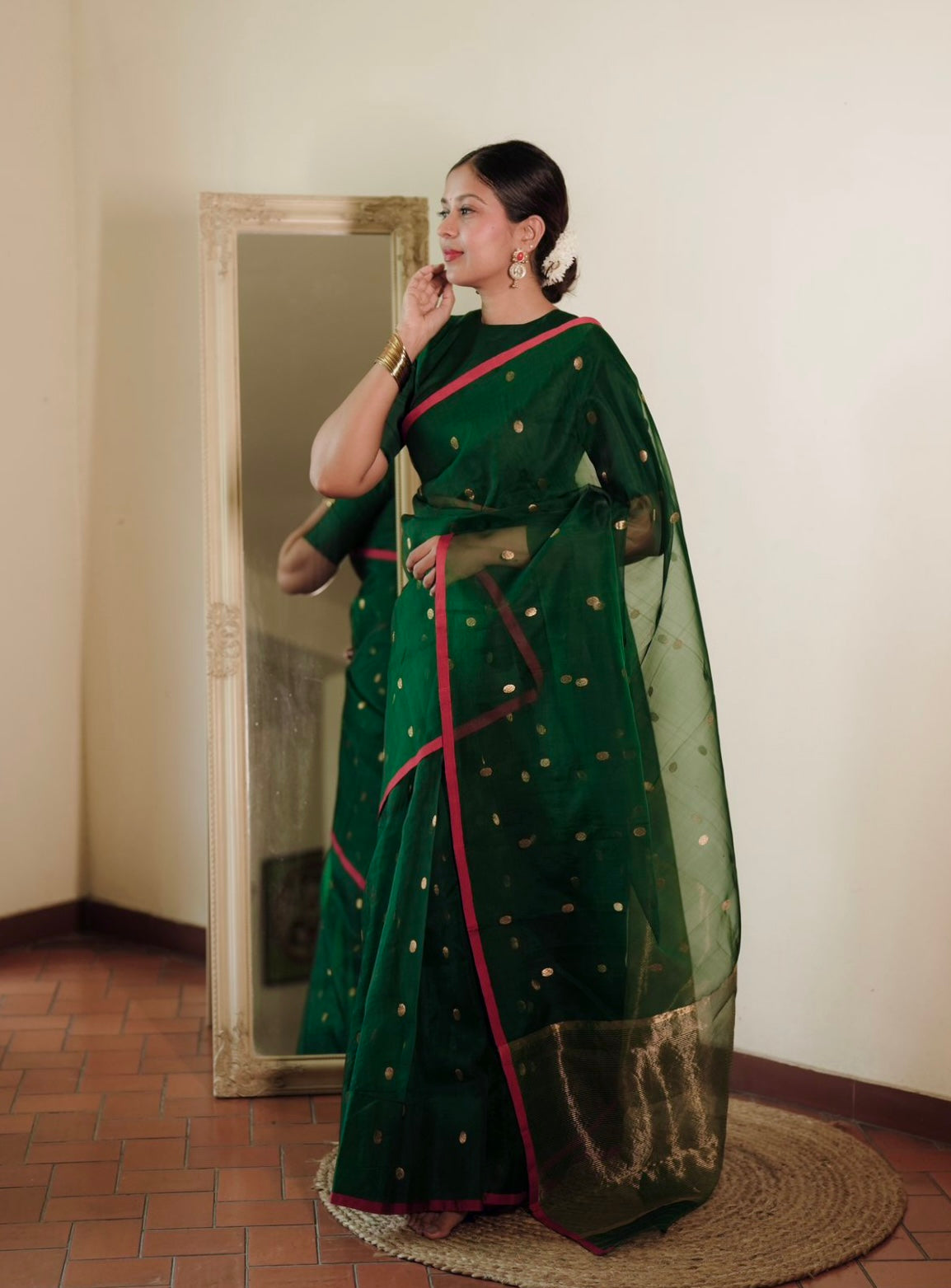 Green & red Chanderi silk saree with zari bootis all over