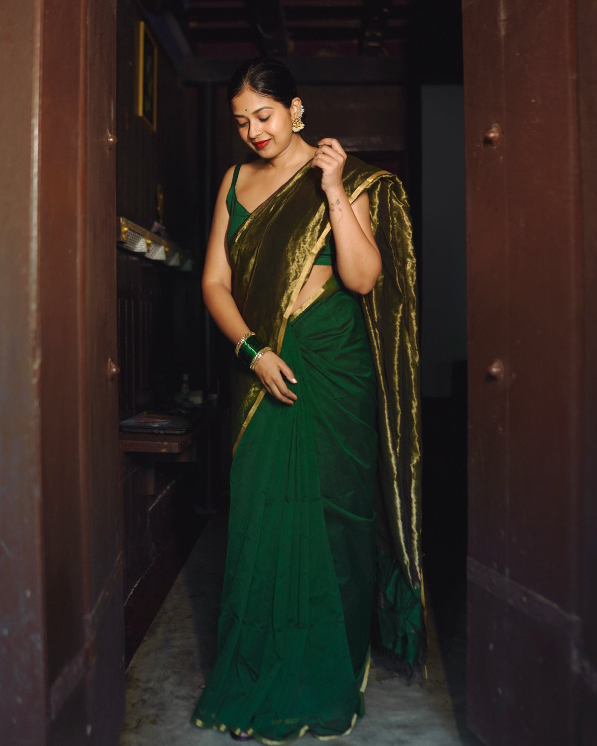 Dark Green & Gold Maheshwari Saree with Zari Border