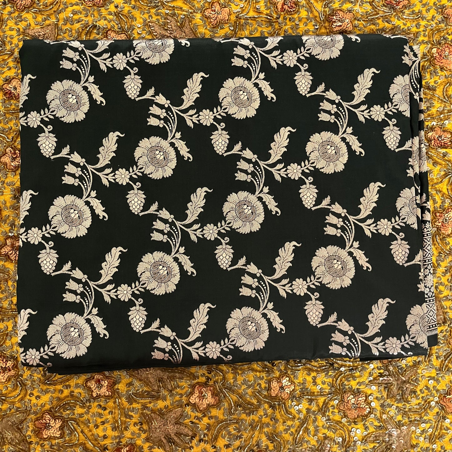 Black Banarasi katan silk saree with zari jaal work all over