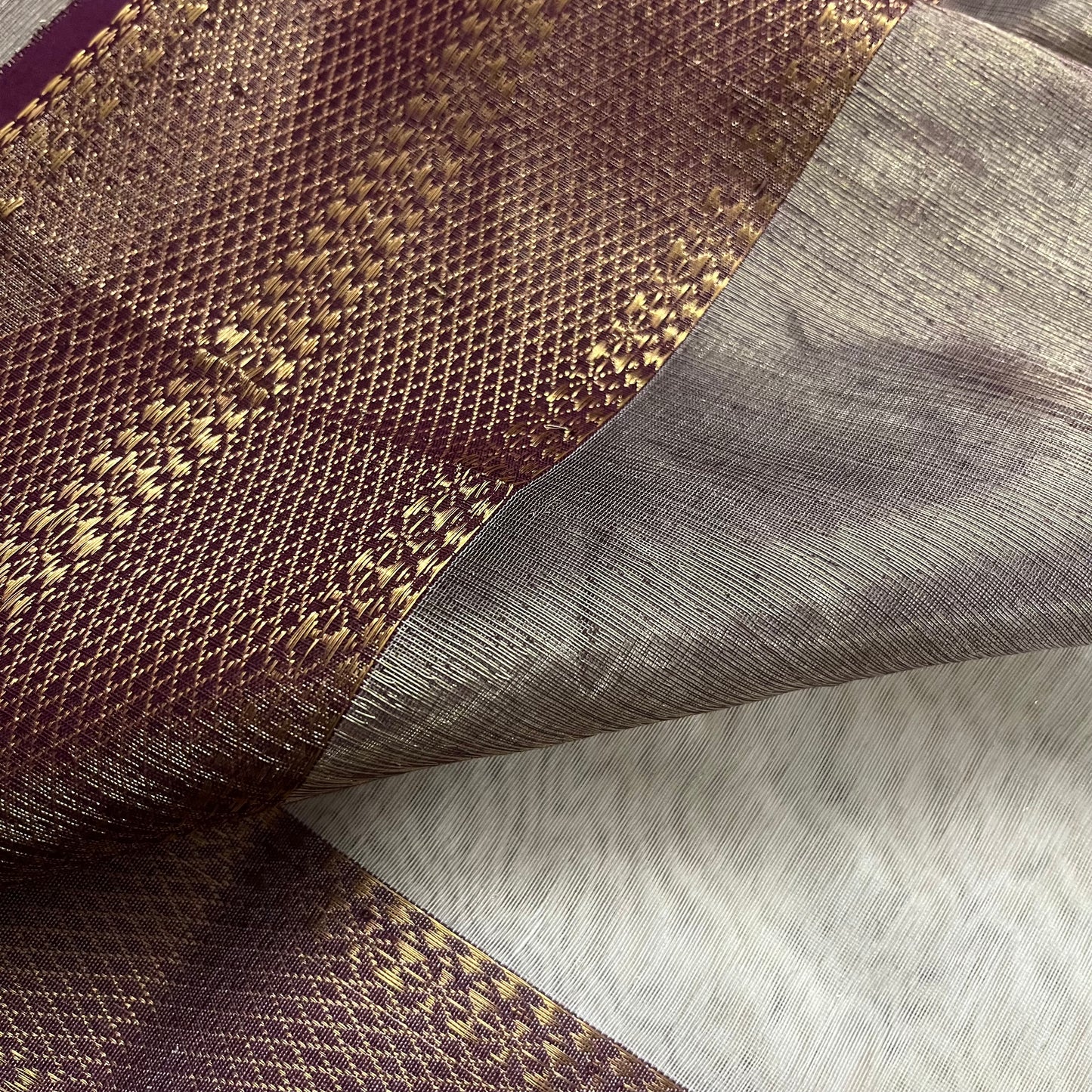 Cream & Violet Maheshwari tissue silk saree with antique gold zari border