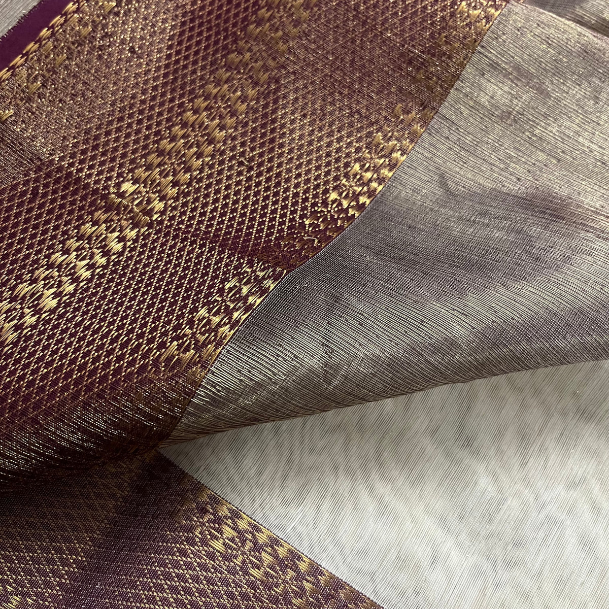 Ready to wear | Cream & Violet Maheshwari tissue silk saree with antique gold zari border