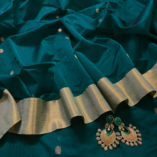 Teal Chanderi saree with zari bootis all over and flower motifs on pallu