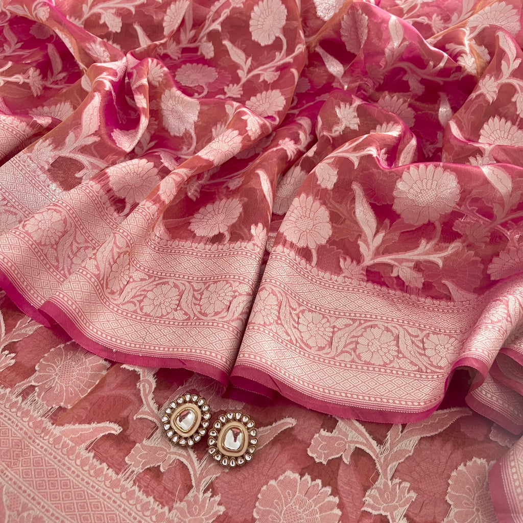 Peachish Pink Banarasi Tissue Silk Saree with Zari Jaal Work all over