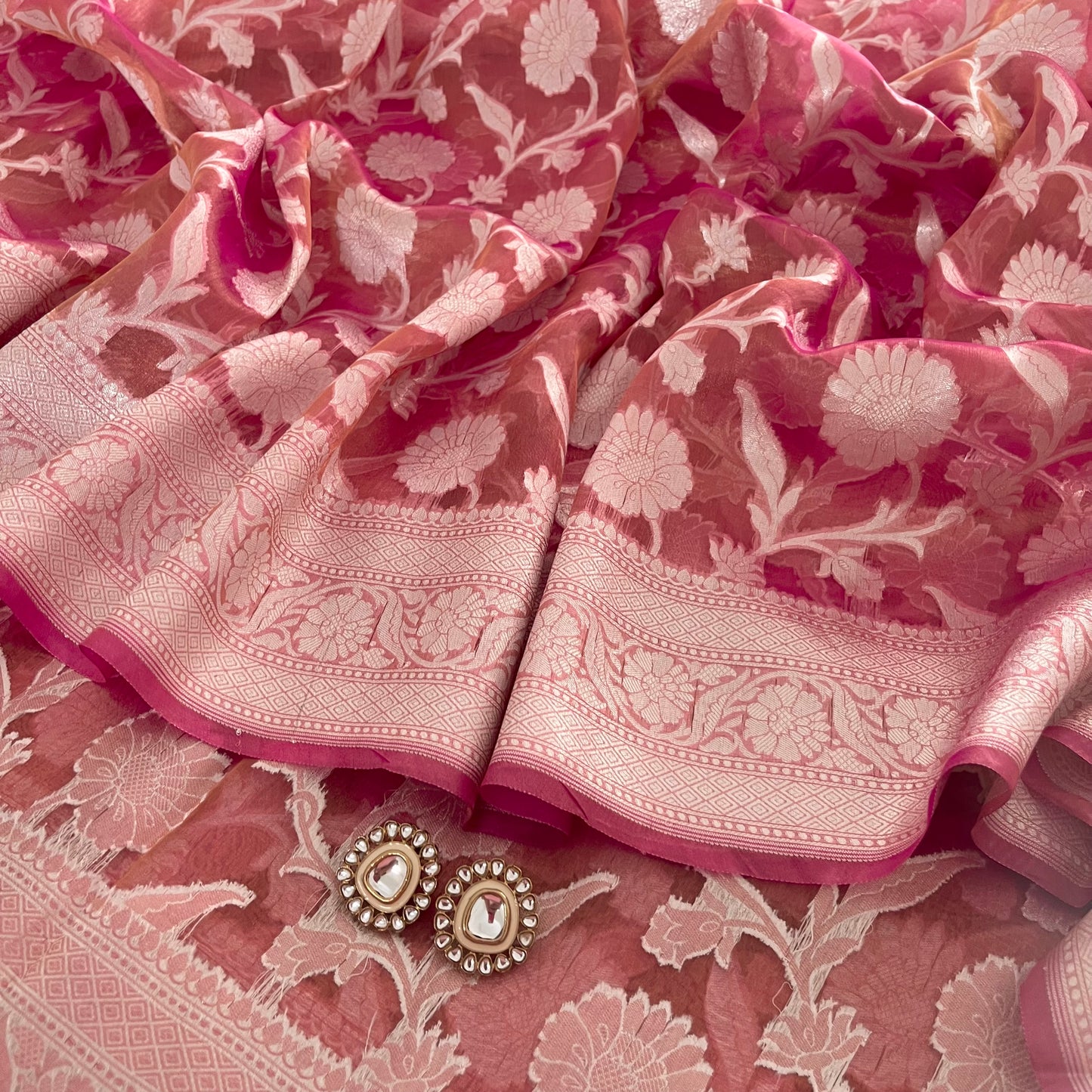 Peachish pink Banarasi tissue silk saree zari jaal work all over