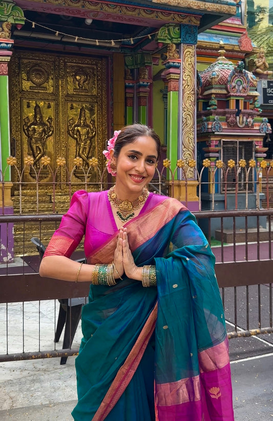 Peacock and Violet dual tone Maheshwari saree with flower motifs on pallu