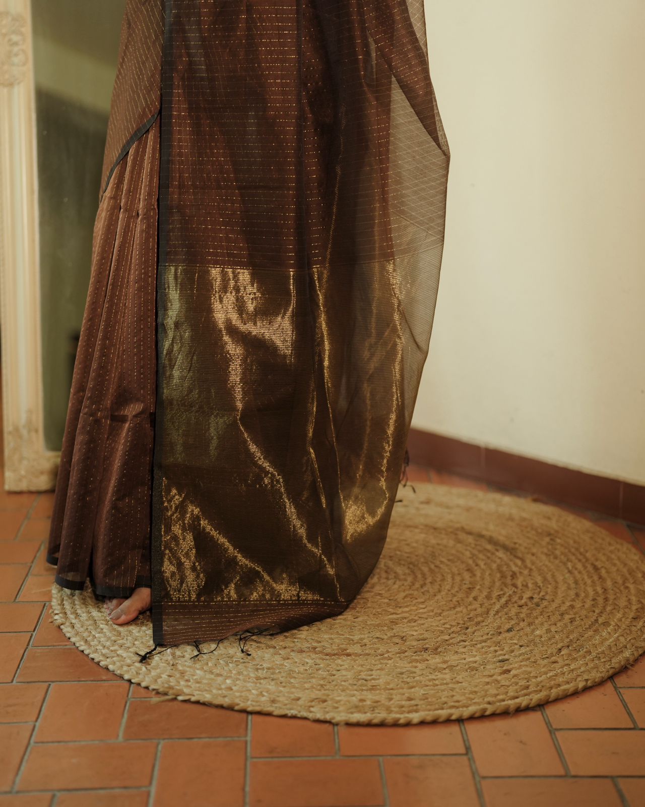 Chocolate brown Maheshwari saree with zari lines all over