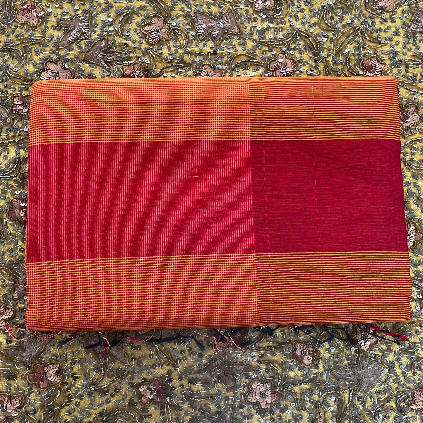 Red and Mustard striped Maheshwari saree